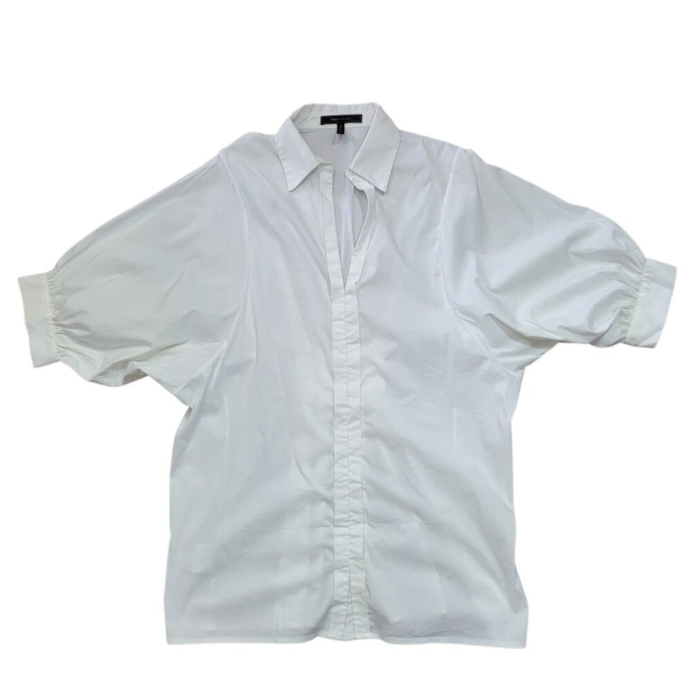 BCBGMaxazria White Poplin Blouse Oversized Puffed Sleeves Pin Tuck Back Sz Med - Picture 1 of 9